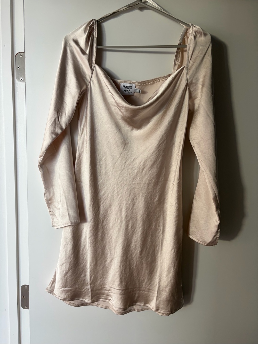 Princess Polly Cream Satin Long Sleeve Cowl Neck Dress